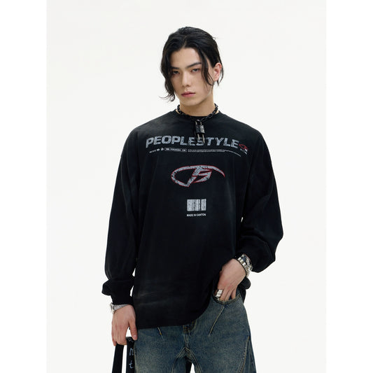 PEOPLESTYLE PUNK ELEMENTS DISTRESSED PRINT LONG SLEEVE TEE SHIRT, WASHED LETTERING BLEACHED BARRAGE BOTTOM SWEATSHIRT