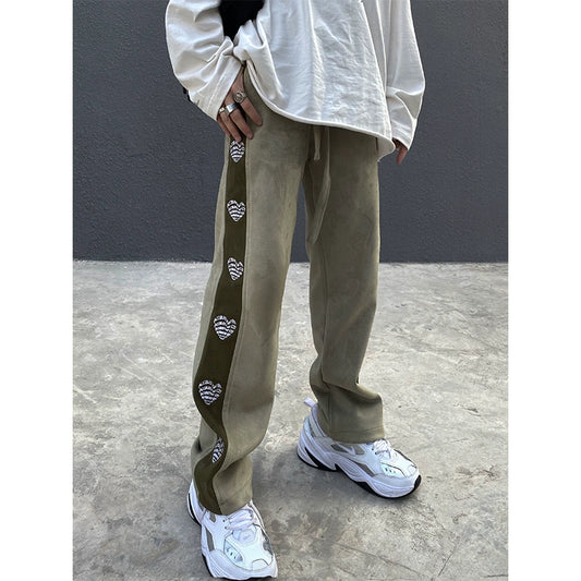 CROWORLD Heart-Shaped Print Color-Blocked Straight-leg Casual Pants Men's Loose Vibe Style Street Trend Trendy Sweatpants