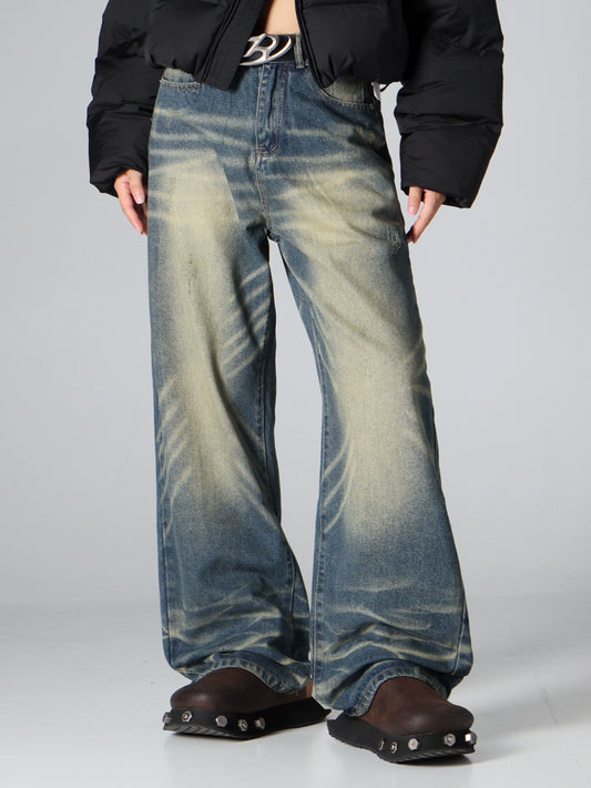 BOOGOOVOGUE American Autumn/Winter Washed Cat Whisker Yellow Clay Old DirtyFit Loose Straight Denim Trousers