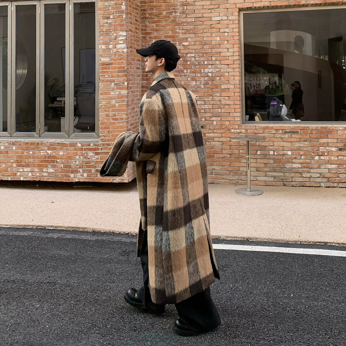 BAKUCO Maillard check with scarf, wool padded midi tweed coat