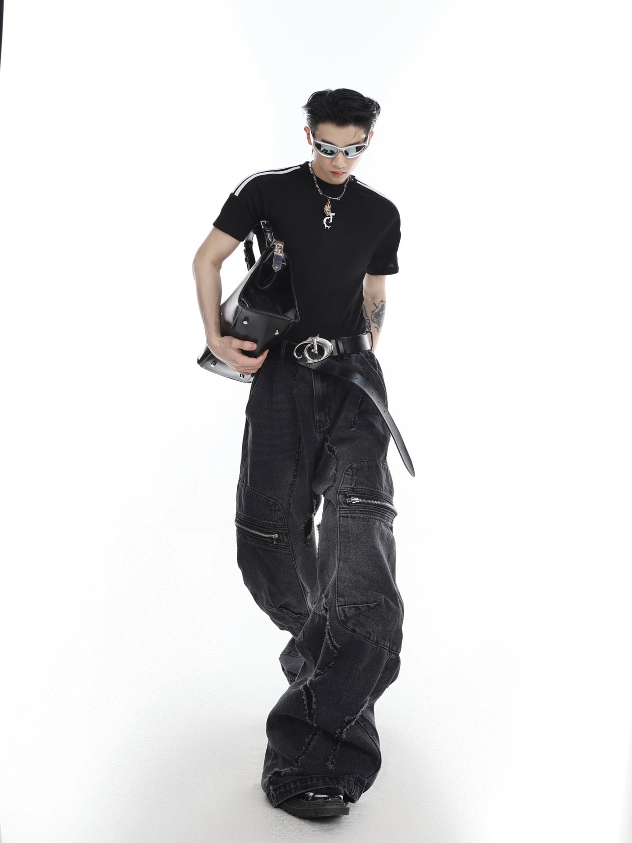 CulturE Niche Heavy Wash Vintage Jeans Deconstructed Pocket Design Slim Fit Micro Flared Pants Distressed Long Pants