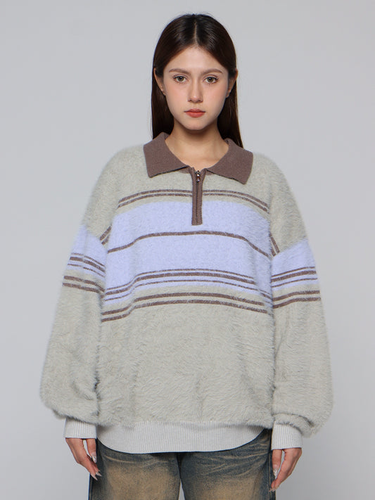 BOOGOOVOGUE American retro fashion brand striped sweater men's half zip polo neck knit sweater autumn imitation mink fur