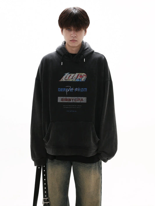 GIBBYCNA Self-control! Autumn and winter retro distressed shabby printed loose and thickened casual sweatshirt with hat
