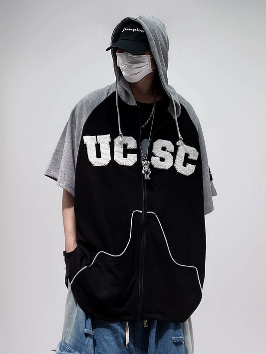 UUCSCC Hip Hop Cardigan Hooded Half Sleeve Loose Plus Size Waffle Shirt Oversize Short Sleeve T-Shirt