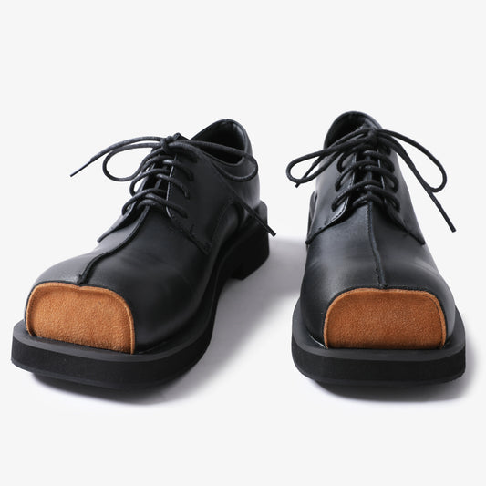 Pinjiahui bread toast black square toe slice lace-up small leather shoes female leather block heel niche loafers