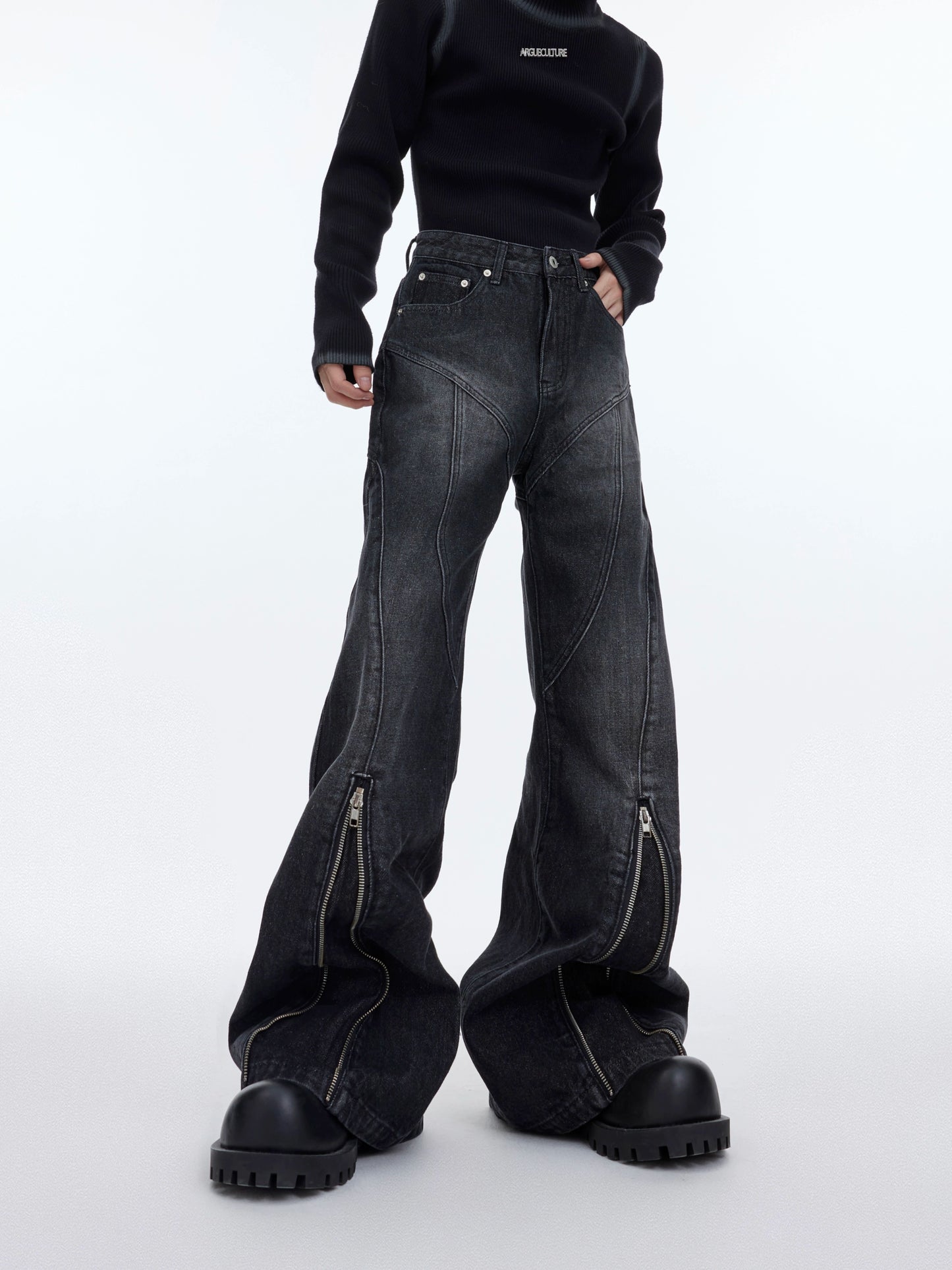 CulturE Heavyweight Niche Wash Distressed Structural Line Micro Flared Jeans Metal Zip Design Trousers