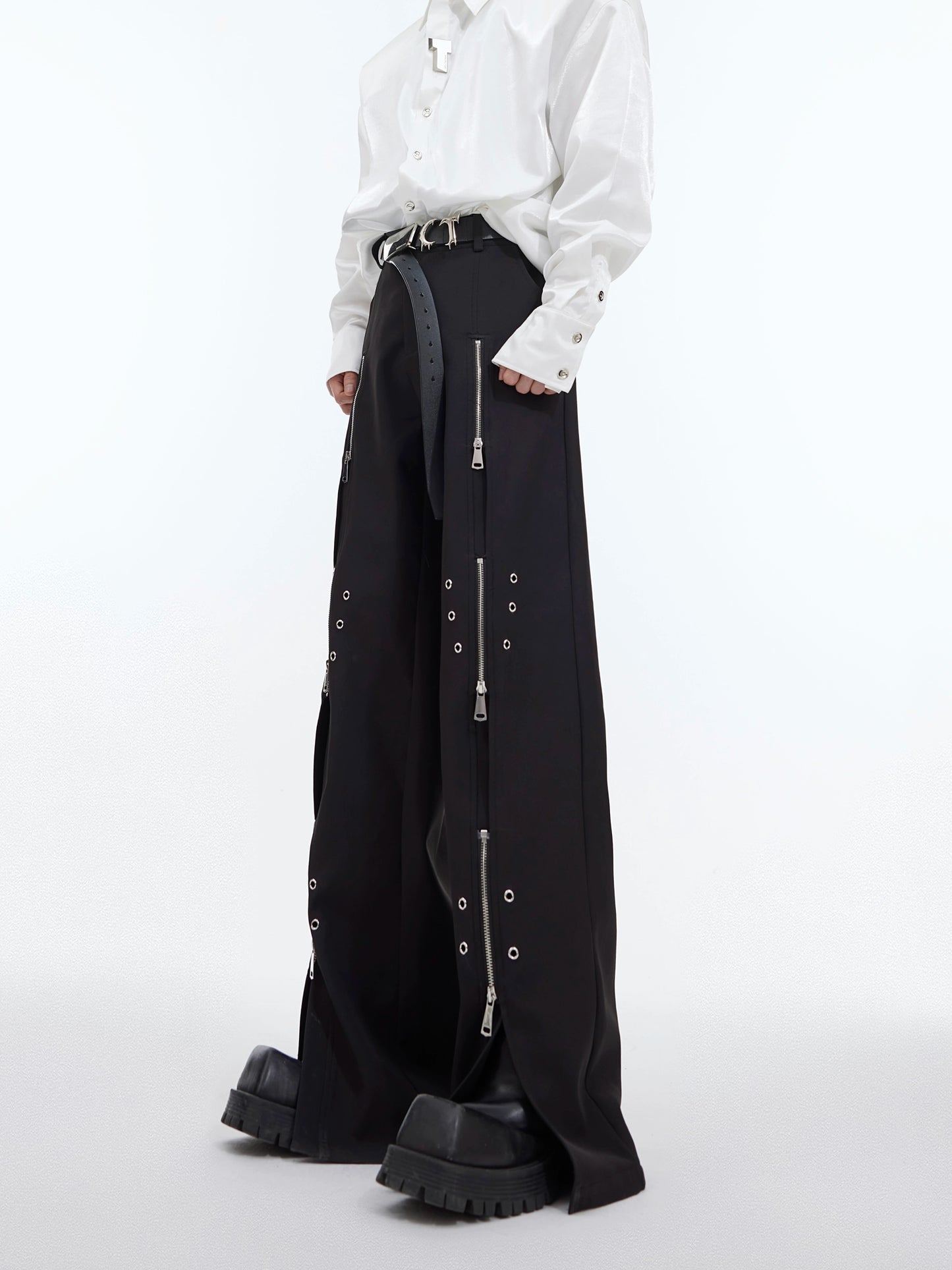 CulturE's original niche deconstructed metallic line slacks, slit design trousers, drape loose trousers