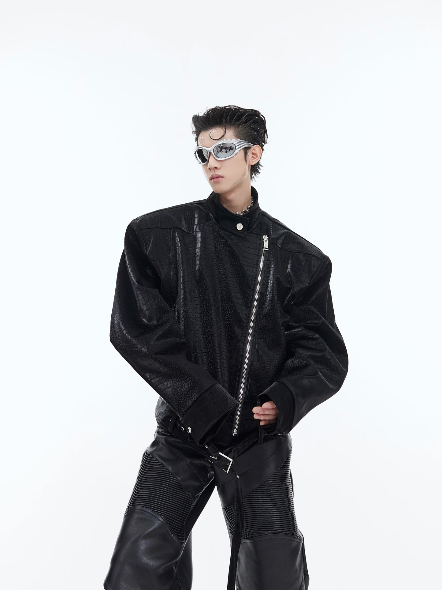 CulturE's original niche deconstructed crocodile-embossed leather jacket with a cropped silhouette jacket and a metallic design top