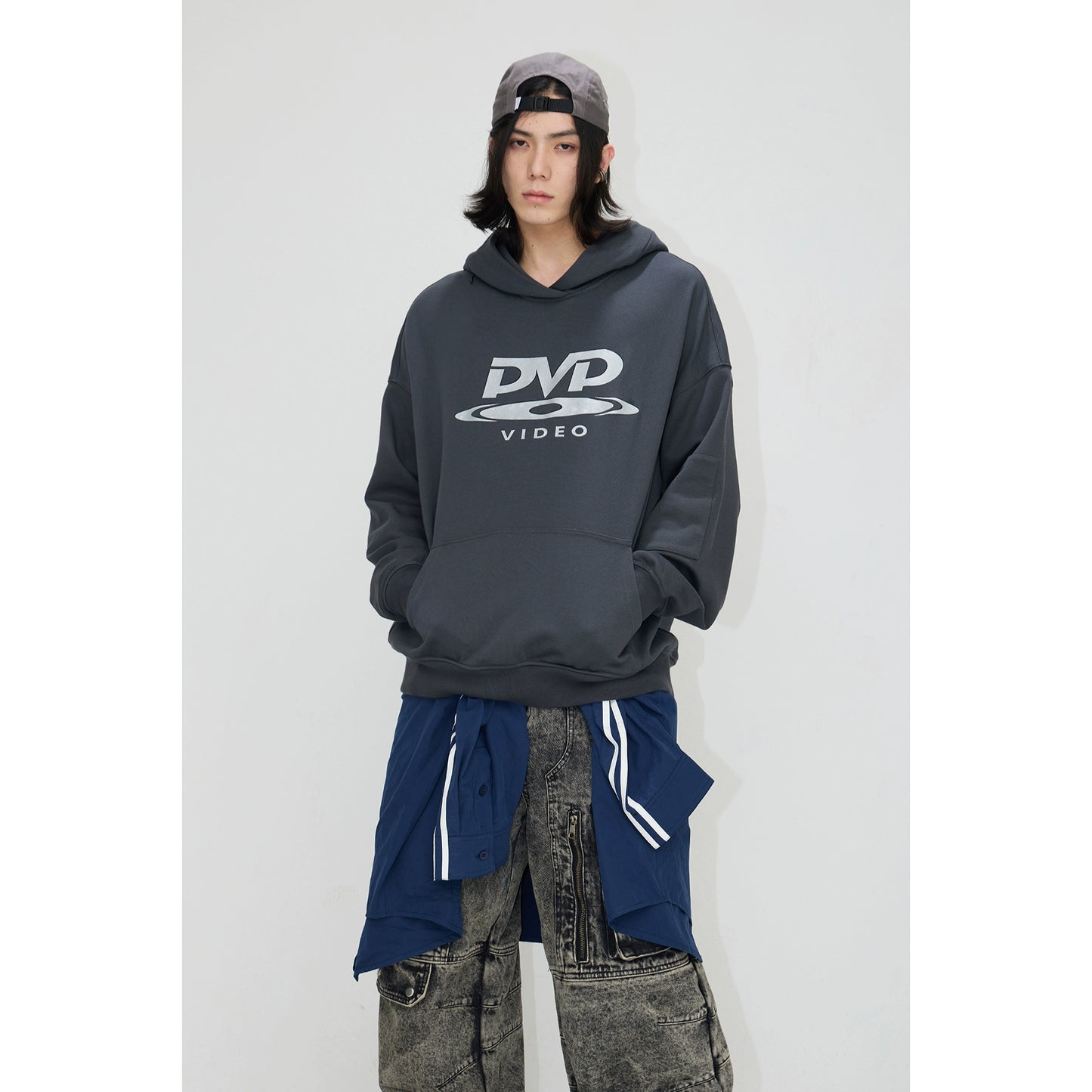 PEOPLESTYLE 'DVD' SILICONE PRINT CONCEALED ZIP-UP STRUCTURE HOODIE FOR A  LOOSE AND VERSATILE HOODY