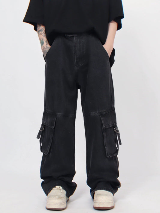MZ American high street distressed cargo pants men's fashion brand design sense niche street style loose straight-leg jeans