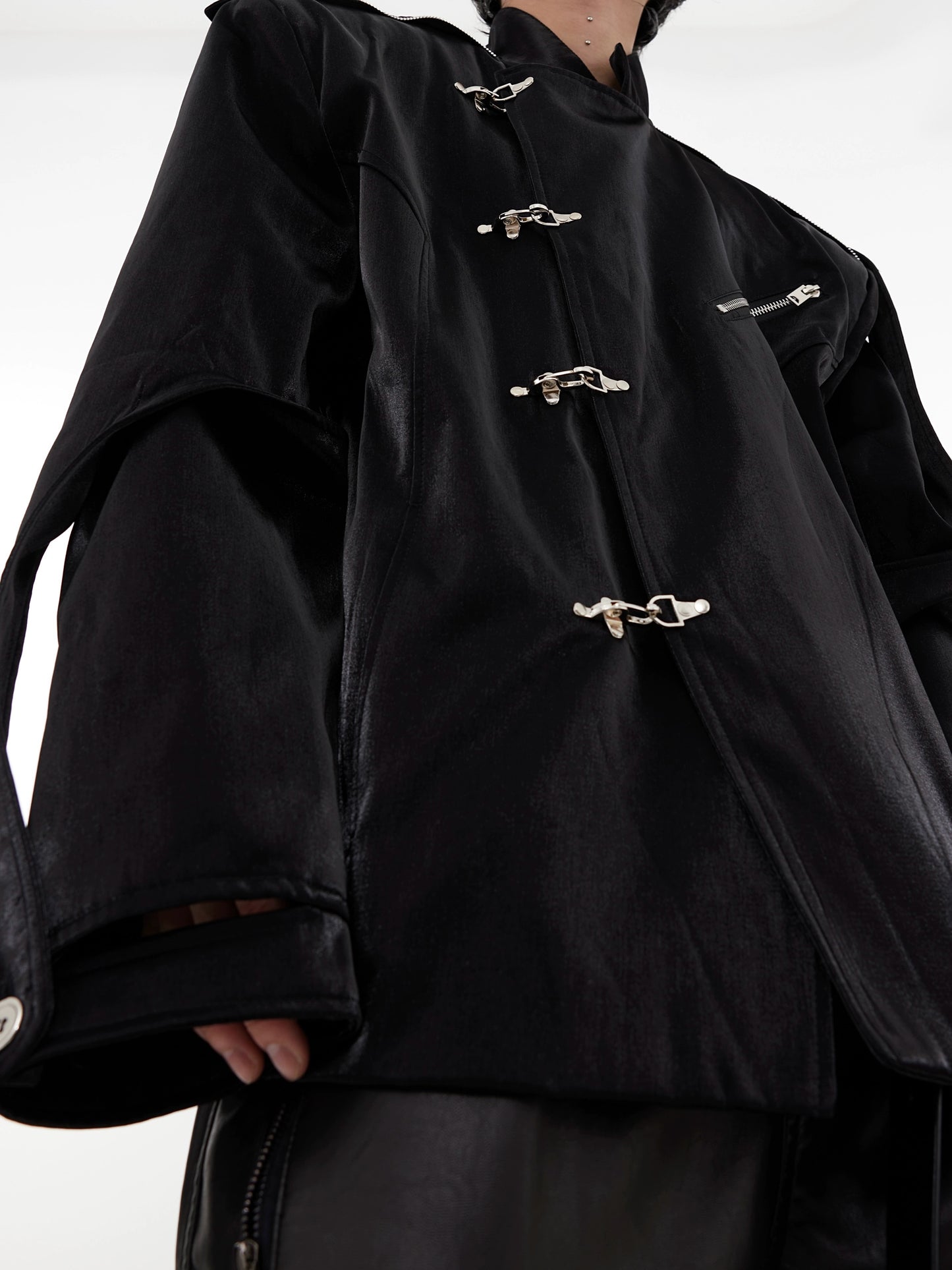 CulturE Niche New Chinese Liquid Streamer Padded Shoulder Blazer Stand Collar Metal Aircraft Buckle Design Jacket