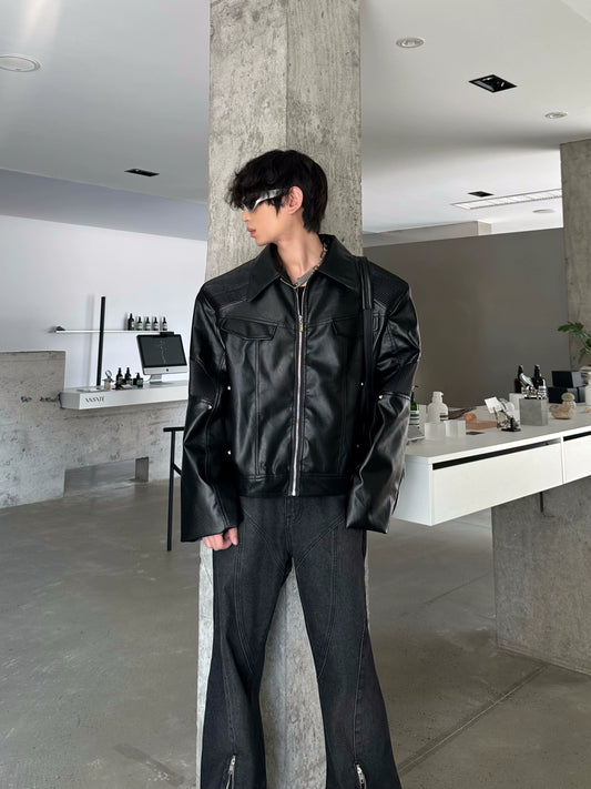 MARTHENAUT niche deconstructs the design of the padded shoulders silhouette cropped leather jacket jacket jacket premium biker top