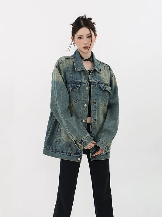 61OT PEARTH American High Street Retro Loose Wash Distressed Denim Jacket Women's Spring and Autumn 2023 New Style