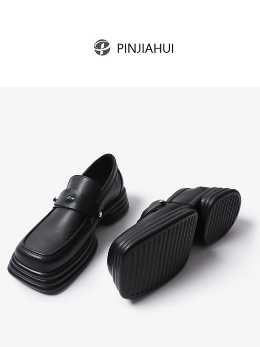pinjiahui unique design retro square toe small leather shoes men's loafers British platform single shoes spring niche