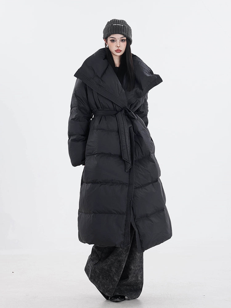 ABWEAR Snow Walk - Original Winter Black Midi Down Jacket Women's White Duck Down Stand-up Collar Over-the-Knee Hooded