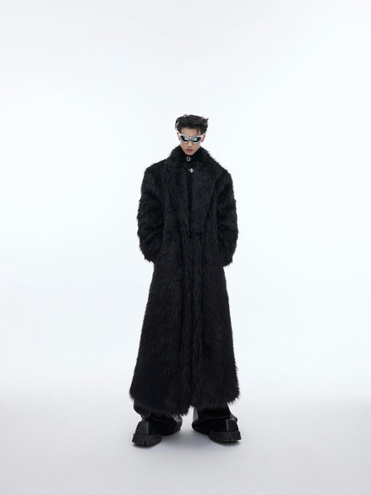 CulturE is a small-scale oversized mink fur coat jacket with a luxurious long over-the-knee plush trench coat