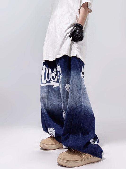 UUCSCC hip-hop trendy brand casual loose straight-leg jeans, American retro wide-leg plus-size mopping cargo pants