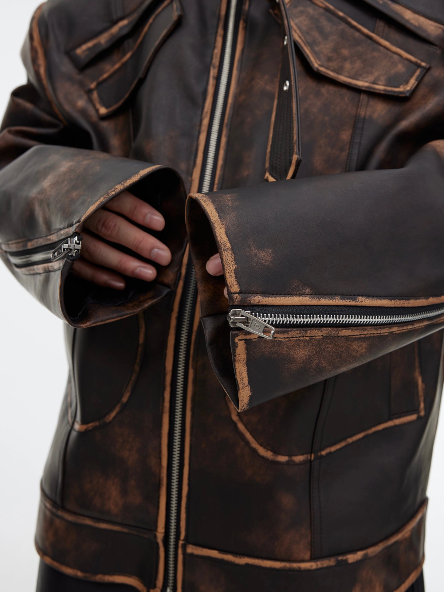 CulturE niche wasteland brown vintage distressed rubbed PU leather jacket jacket jacket loose cropped biker suit