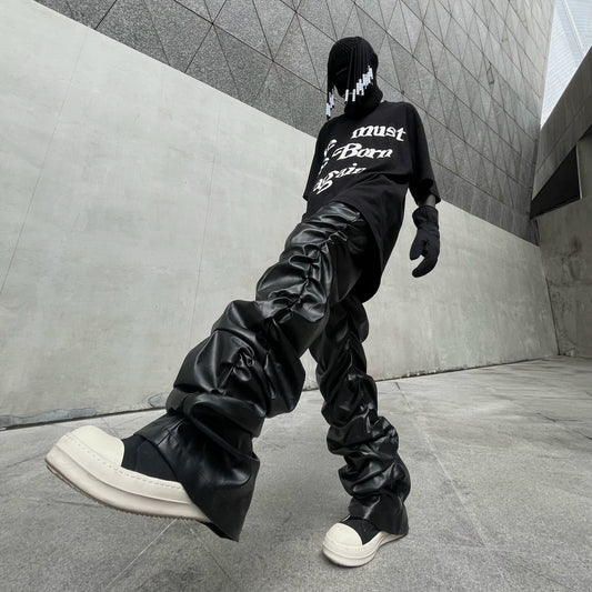 TR 22SS dark punk hip-hop folds niche loose thin stacking shiny PU leather trousers men's and women's tide