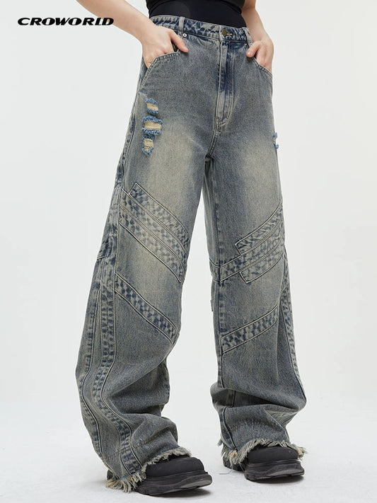 CROWORLD High Street American Heavyweight Jeans Spring and Autumn Men's Versatile Profile Tassels Distressed Trendy Brand Straight Leg Pants