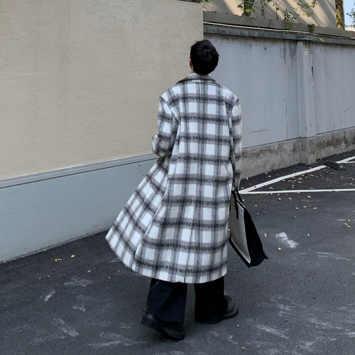 BAKUCO Korean style over-the-knee mid-length plaid woolen coat casual warm tweed jacket