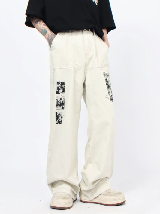 MZ American retro design sense print bootcut jeans men's spring and autumn couples straight leg small high street pants