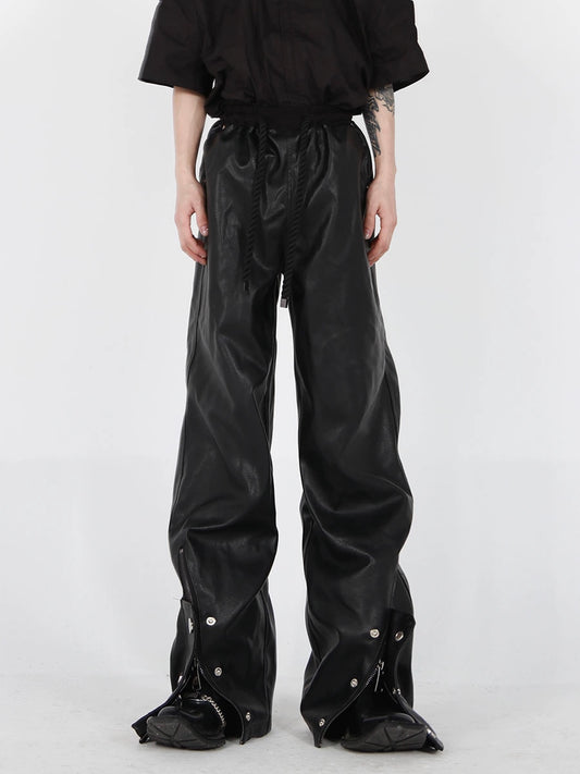 CultureE niche button zipper design leather pants thick rope punk straight pants trend fried street senior trousers