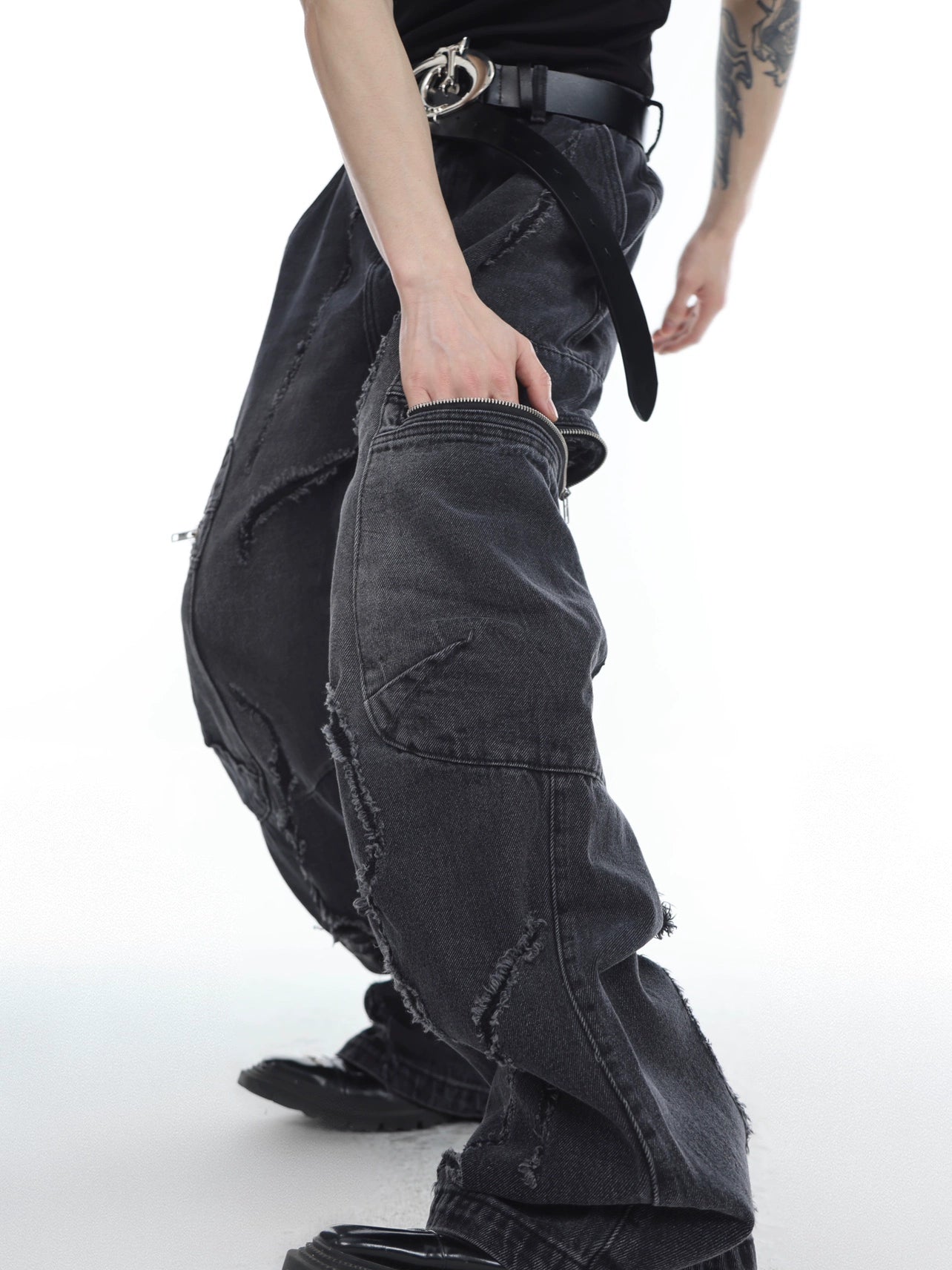 CulturE Niche Heavy Wash Vintage Jeans Deconstructed Pocket Design Slim Fit Micro Flared Pants Distressed Long Pants