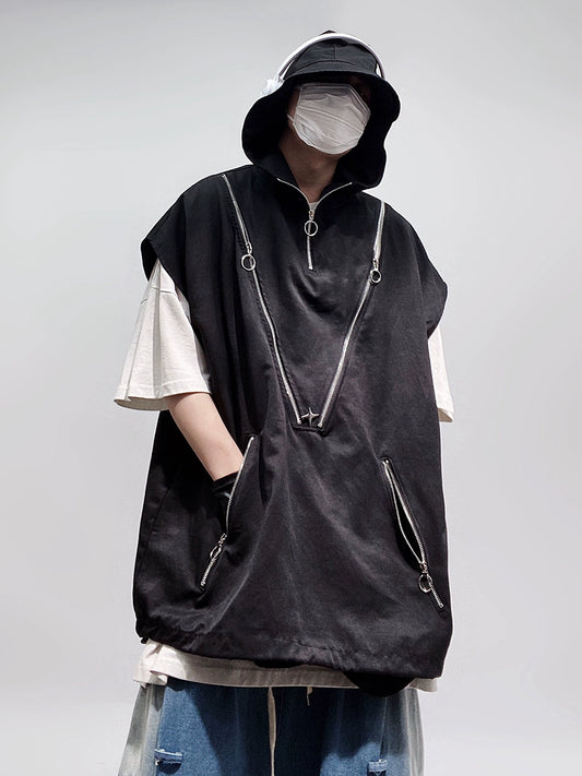 UUCSCC Summer Trendy Brand Hip Hop Casual Hooded Vest Vest Cargo Function Loose Sleeveless Shoulder Men