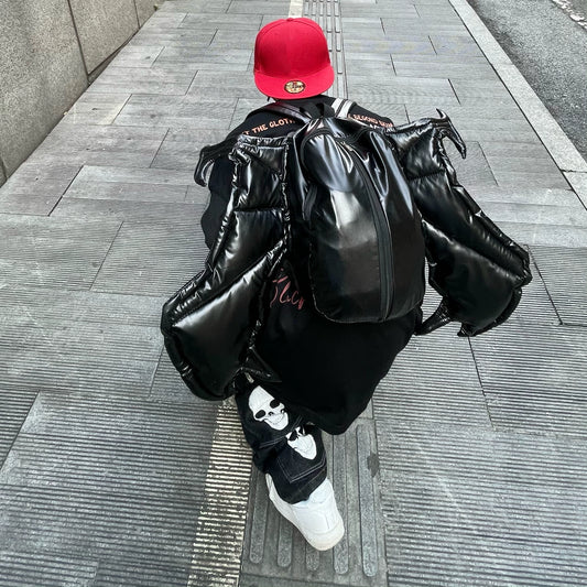 TRB original American hip-hop street niche soft PU leather bat wings backpack double zipper backpack ins